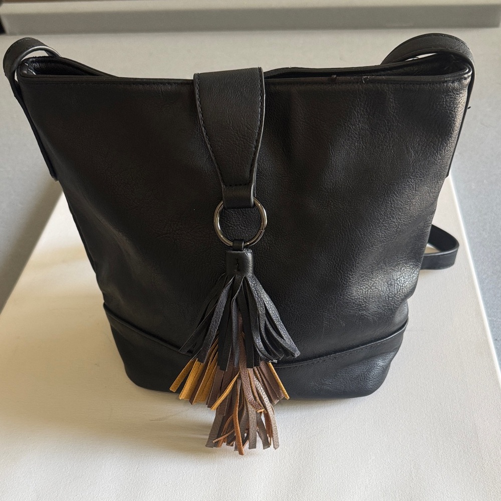 Madden Girl Crossbody Bucket Bag with Tassel Accent, Black